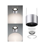 Moderne zilverkleurige aluminium hanglamp met warm wit LED-licht en exploded view van onderdelen
