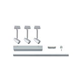Trois spots LED blancs avec système de rail argenté et accessoires pour installation d'éclairage flexible