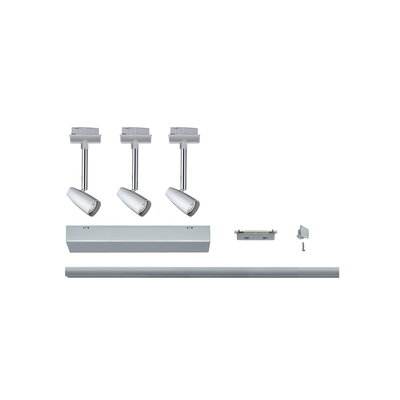 Trois spots LED blancs avec système de rail argenté et accessoires pour installation d'éclairage flexible