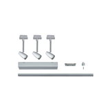 Drie witte LED-spotlights met zilveren railsysteem en accessoires voor flexibele verlichtingsoplossing