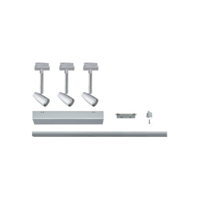 Drei weiße LED-Strahler mit silbernem Schienensystem und Zubehör für flexible Beleuchtungslösung