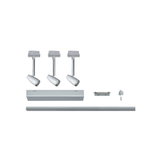 Drei weiße LED-Strahler mit silbernem Schienensystem und Zubehör für flexible Beleuchtungslösung