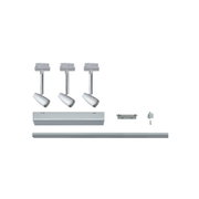 Three white LED spotlights with silver track system and accessories for flexible lighting setup