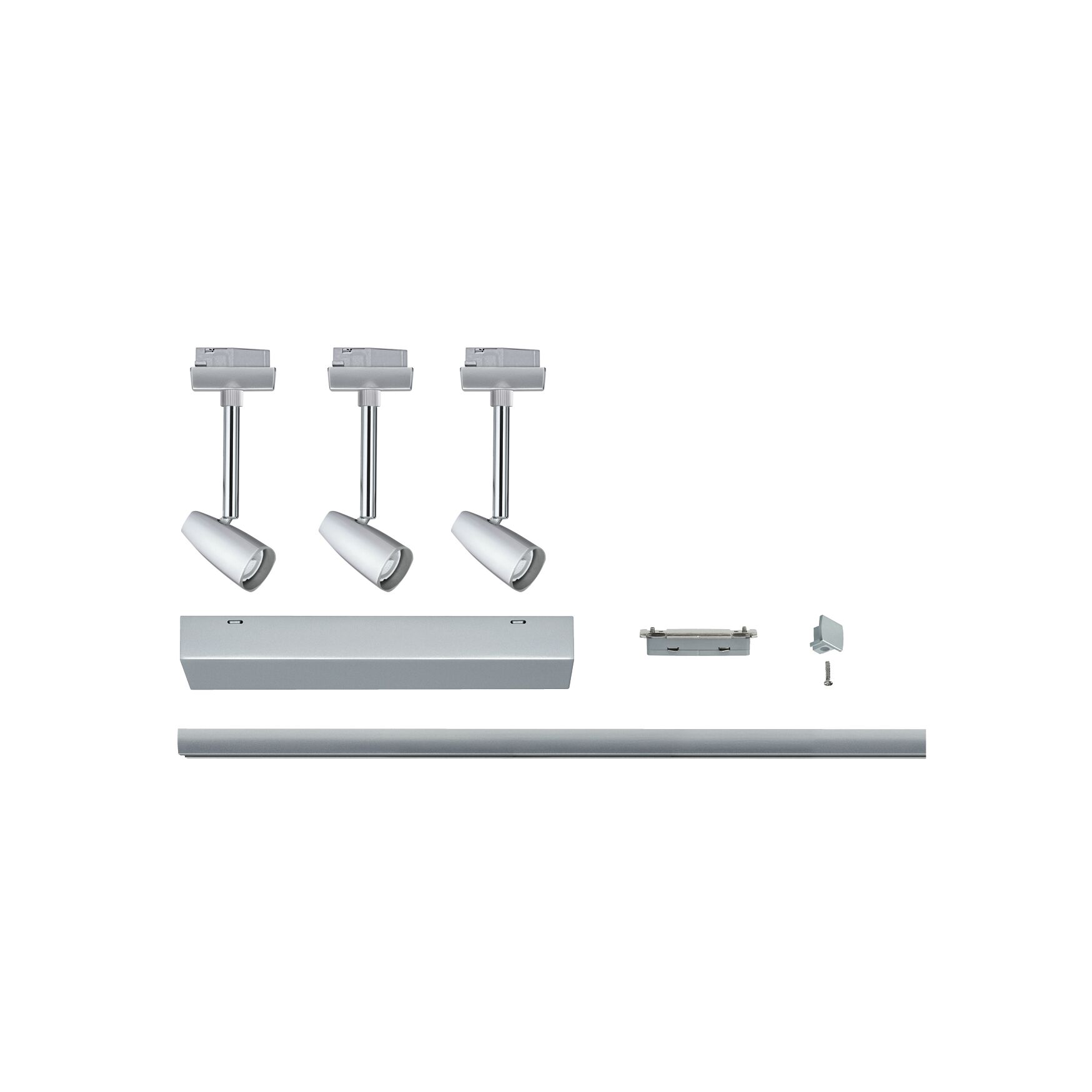 Three white LED spotlights with silver track system and accessories for flexible lighting setup