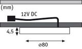 Technische Zeichnung eines flachen LED-Einbauleuchtensystems mit 80 mm Durchmesser und 4,5 mm Höhe.