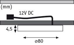 Technische Zeichnung eines flachen LED-Einbauleuchtensystems mit 80 mm Durchmesser und 4,5 mm Höhe.