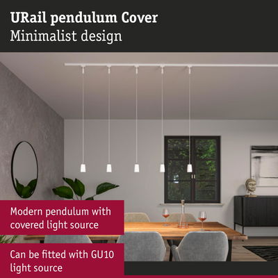 Minimalist URail pendant light with white cover above dining table, modern interior lighting design