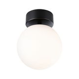 Round ceiling light with white glass and black metal base, modern LED indoor lighting