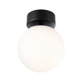 Round ceiling light with white glass and black metal base, modern LED indoor lighting