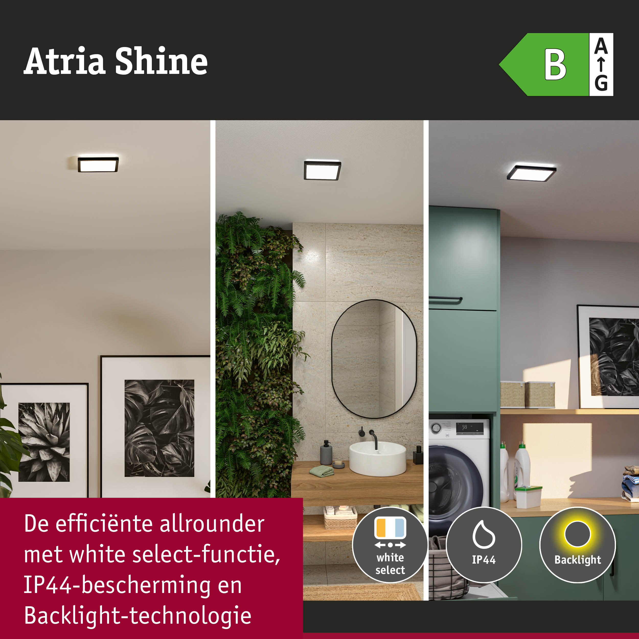 Atria Shine LED-plafondlamp met white select-functie, IP44-bescherming en backlight-technologie