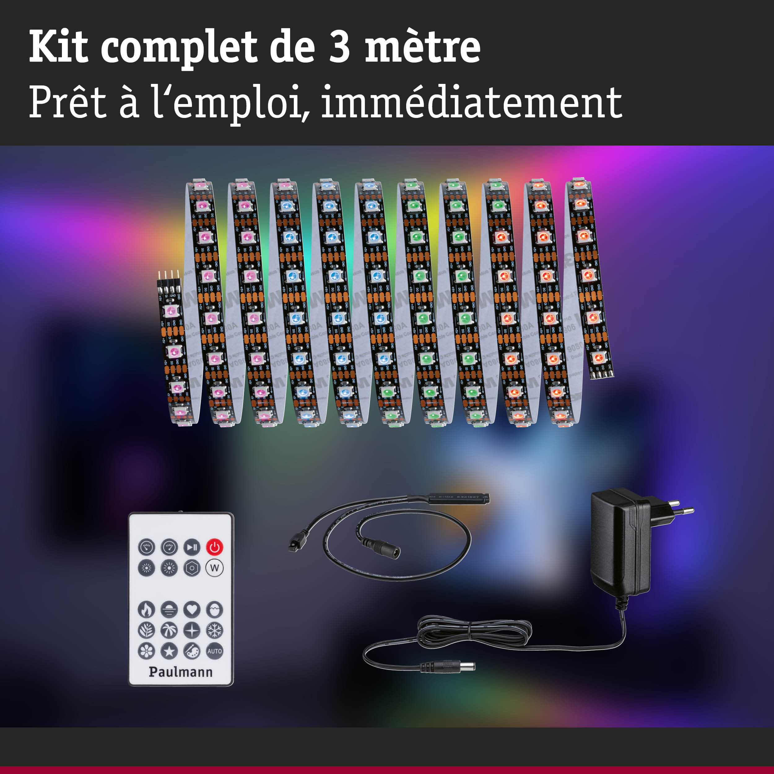 Kit bande LED de 3 mètres avec télécommande, alimentation et câbles pour éclairage flexible