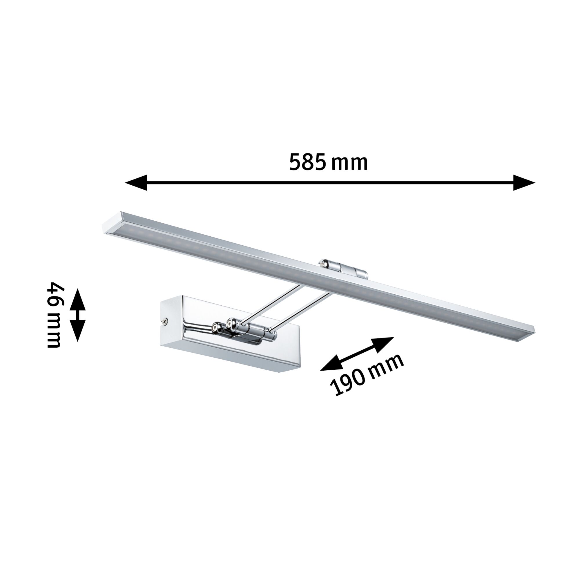 Chromfarbene LED-Bilderleuchte mit 585 mm Länge und 46 mm Höhe für Wandmontage im Wohnbereich