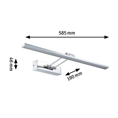 Chromfarbene LED-Bilderleuchte mit 585 mm Länge und 46 mm Höhe für Wandmontage im Wohnbereich