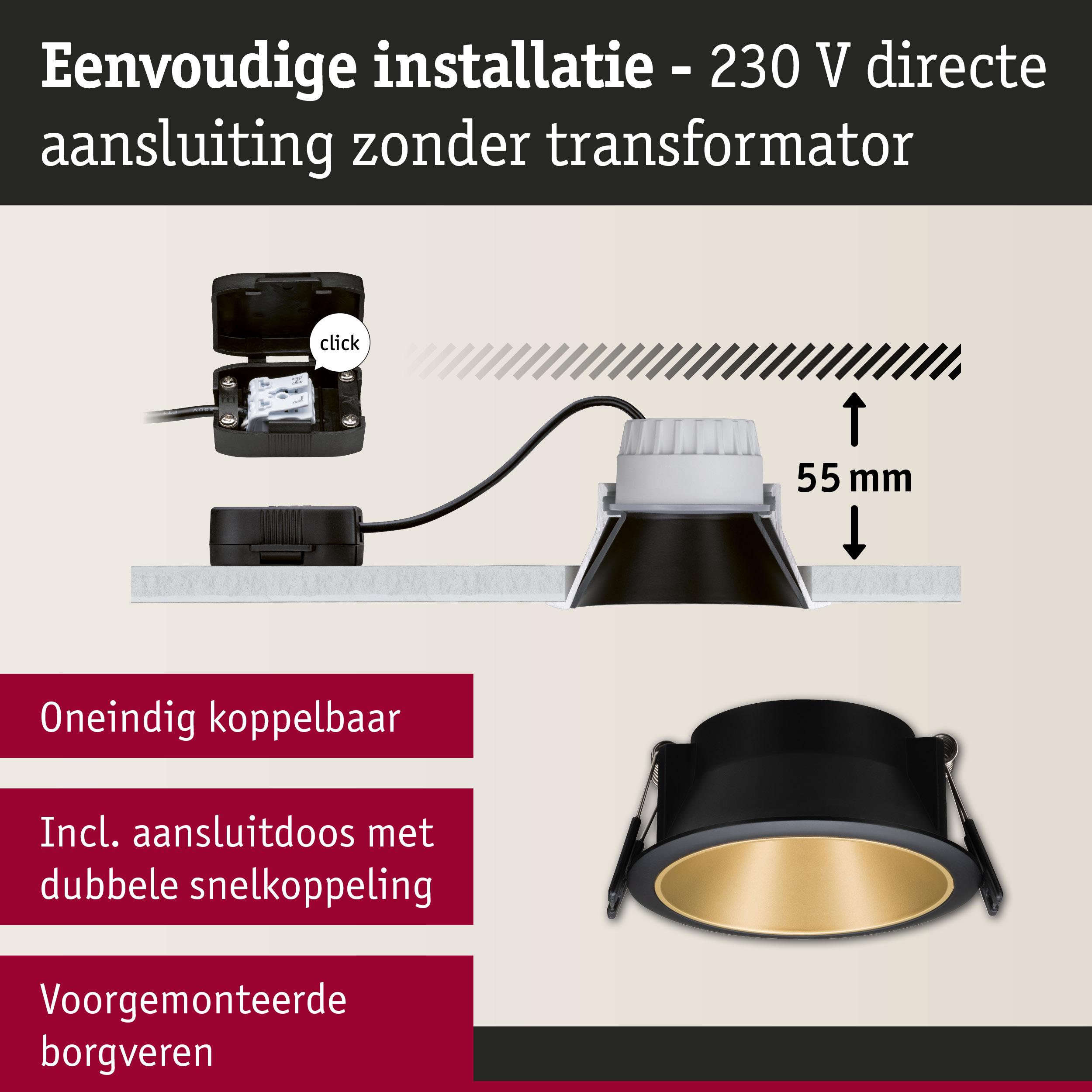 Zwarte inbouwspot met gouden binnenkant, 55 mm inbouwdiepte, eenvoudige 230 V directe aansluiting zonder transformator