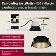 Zwarte inbouwspot met gouden binnenkant en 55 mm inbouwdiepte, eenvoudige 230 V directe aansluiting