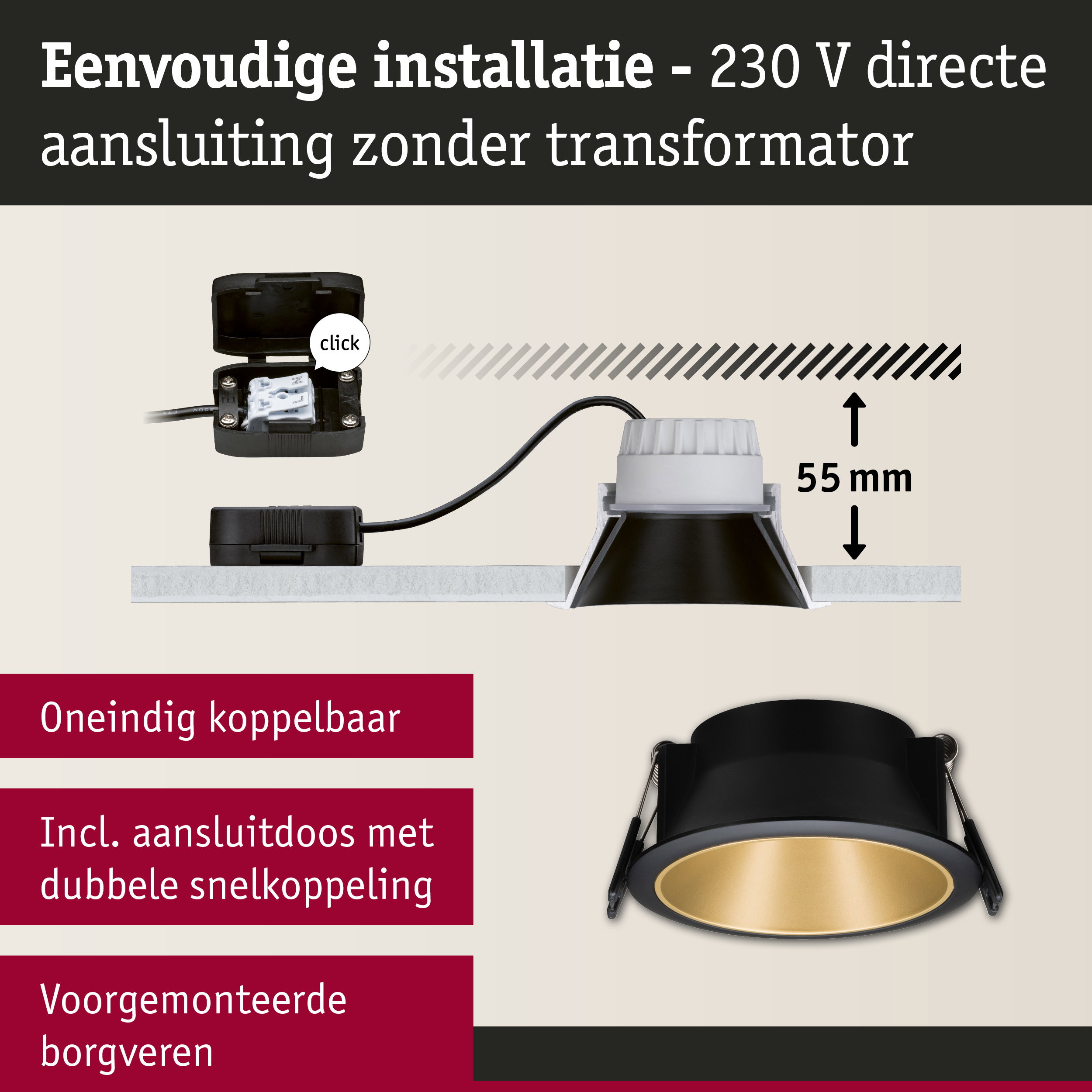Zwarte inbouwspot met gouden binnenkant en 55 mm inbouwdiepte, eenvoudige 230 V directe aansluiting
