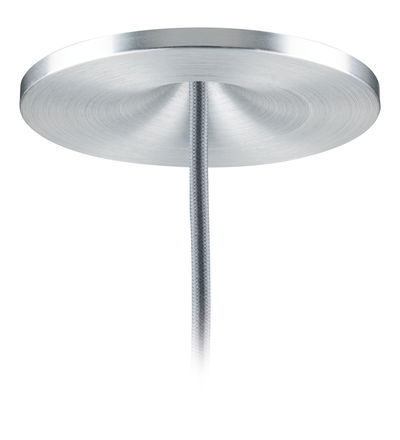 Round ceiling mount in brushed silver aluminum with grey textile cable for lighting fixtures.