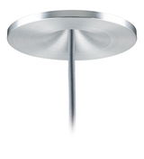 Ronde plafondbevestiging van geborsteld zilverkleurig aluminium met grijze textielkabel.