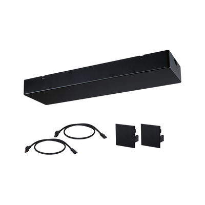 Zwarte LED-rails met twee kabels en kunststof eindkappen voor flexibele verlichting.