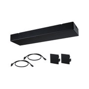 Black LED track light with two cables and plastic end caps for versatile lighting solutions.