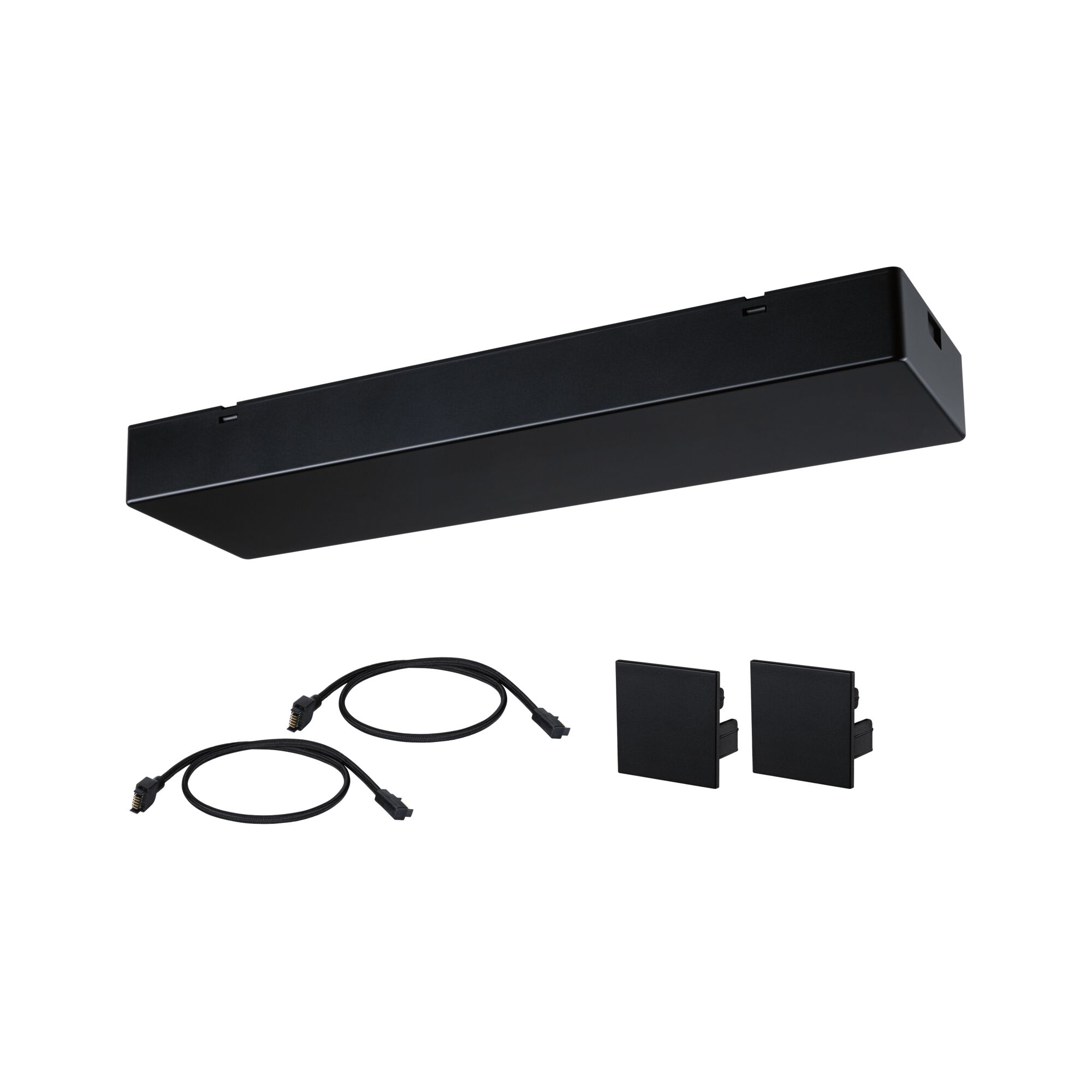 Black LED track light with two cables and plastic end caps for versatile lighting solutions.