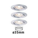 Trois spots encastrés ronds en aluminium brossé argenté de 35 mm de diamètre.