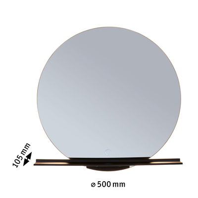Round mirror with black metal frame and LED light, 500 mm diameter, modern bathroom lighting