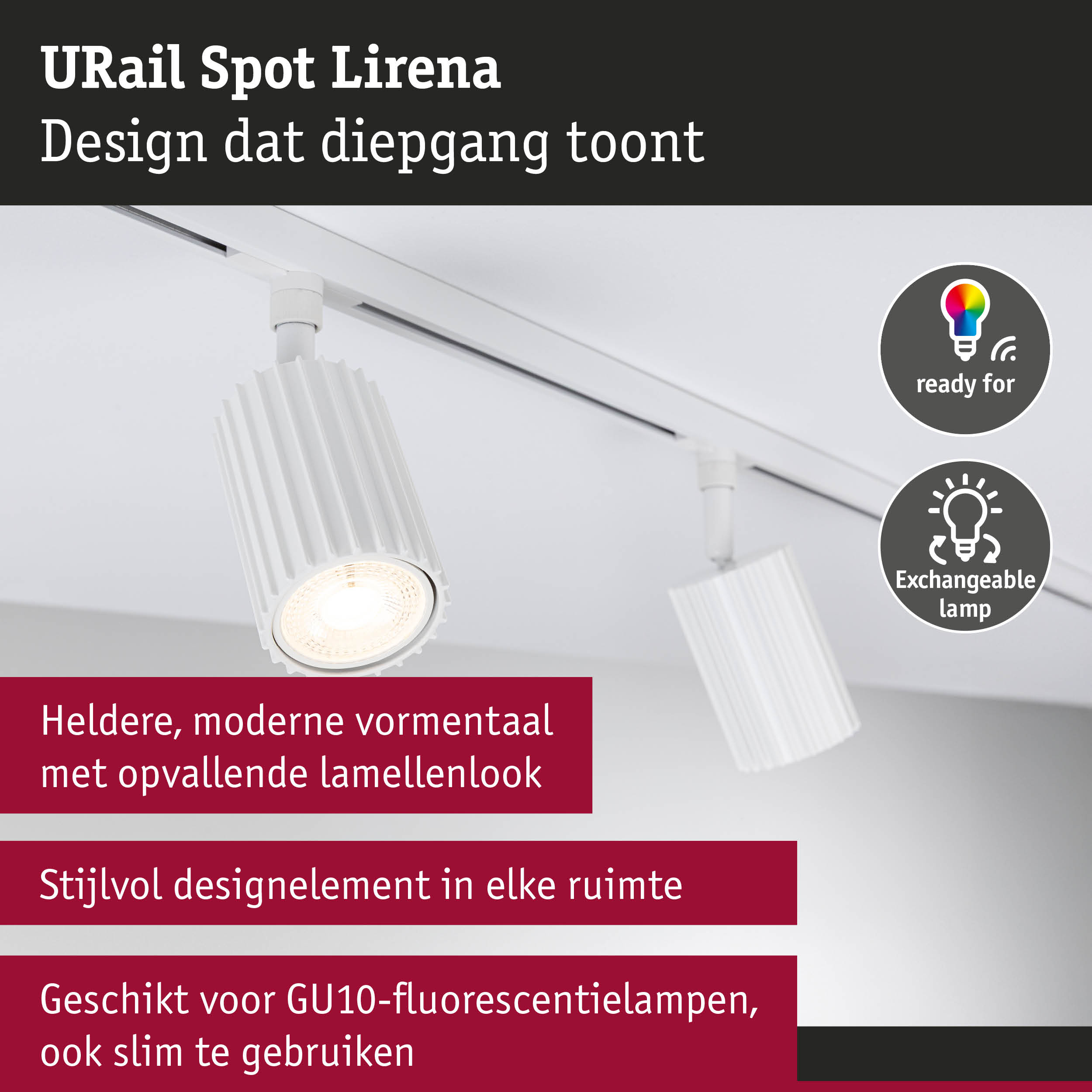 Witte URail Spot Lirena van aluminium met opvallende lamellenlook voor moderne LED-railsverlichting
