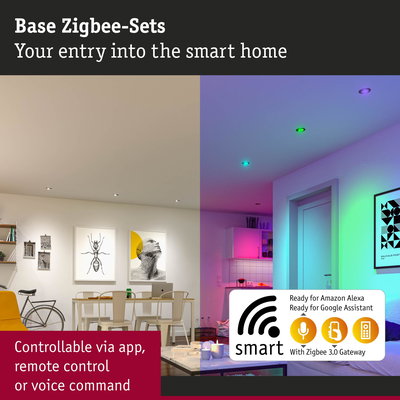 Living room with Zigbee 3.0 gateway enabling smart light control via app and voice command