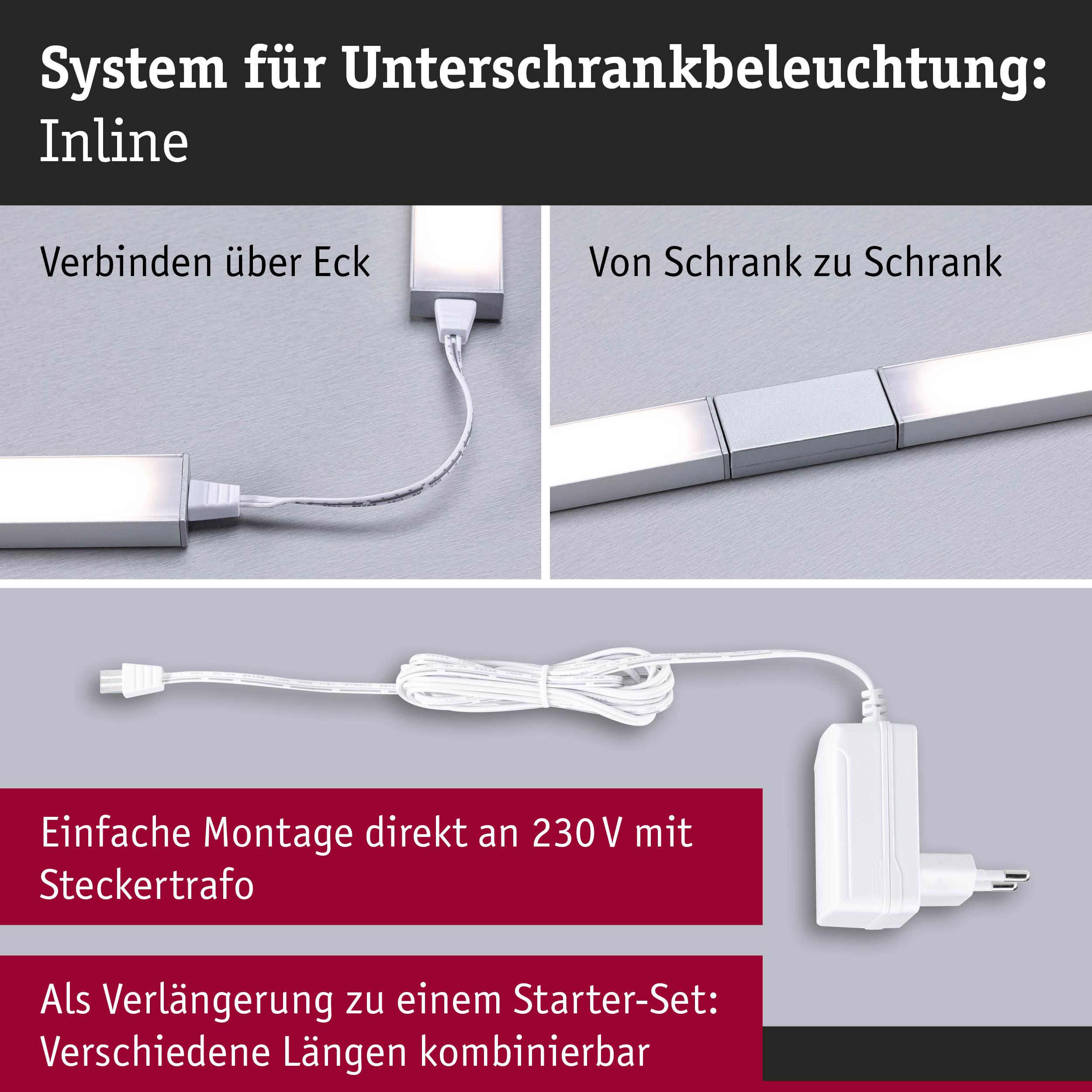 System für Unterschrankbeleuchtung Inline mit Verbindung über Eck und von Schrank zu Schrank, weißes Kabel und Steckertrafo