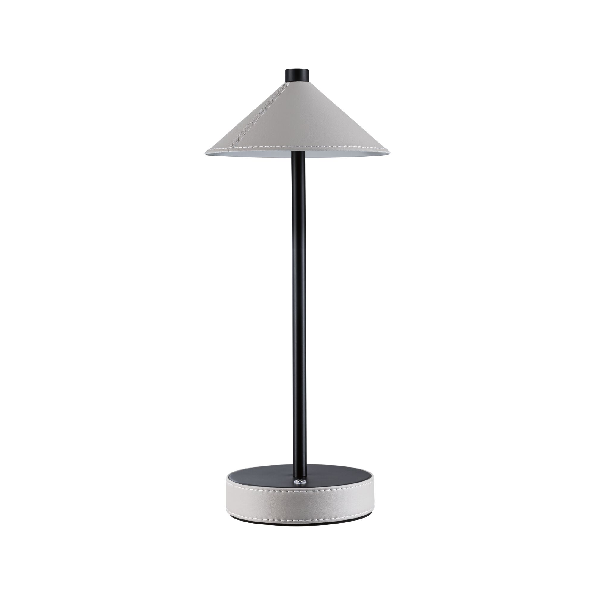 Modern table lamp with grey leather shade and black metal base for stylish room lighting