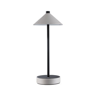 Modern table lamp with grey leather shade and black metal base for stylish room lighting