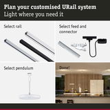 Guide to customize URail lighting system with rail, connector, and white pendant options for modern interiors