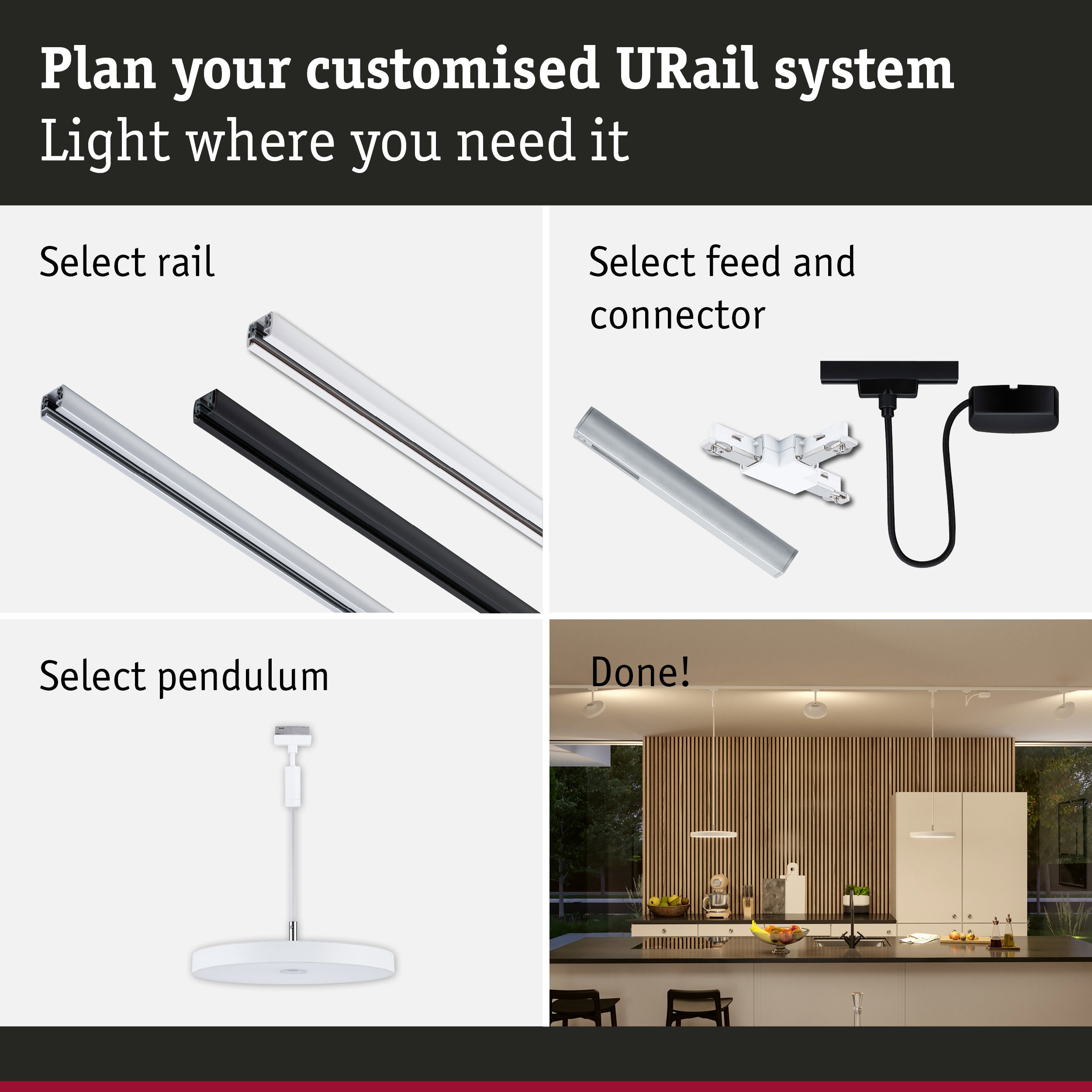 Modular URail rail system with aluminium rails and connectors for customizable LED lighting solutions.