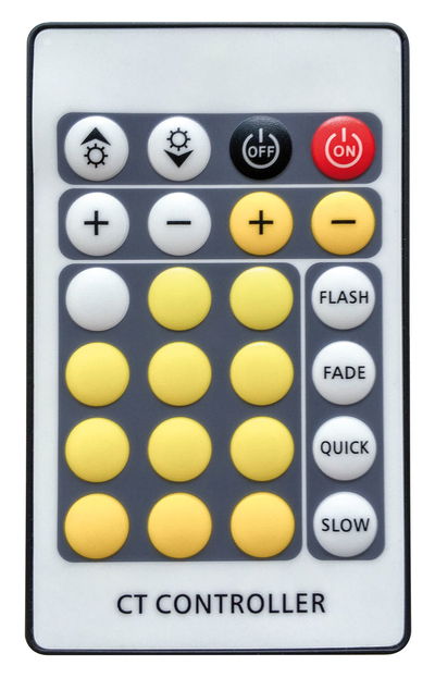 Weißer CT Controller mit gelben und weißen Tasten zur Lichtsteuerung und Modi-Auswahl