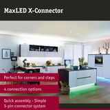 Modern white kitchen with LED lighting featuring MaxLED X-Connector for corner connections and quick assembly