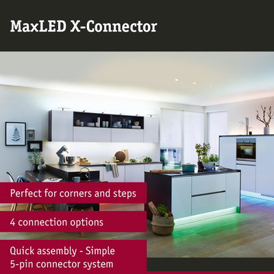 Modern white kitchen with LED lighting featuring MaxLED X-Connector for corner connections and quick assembly