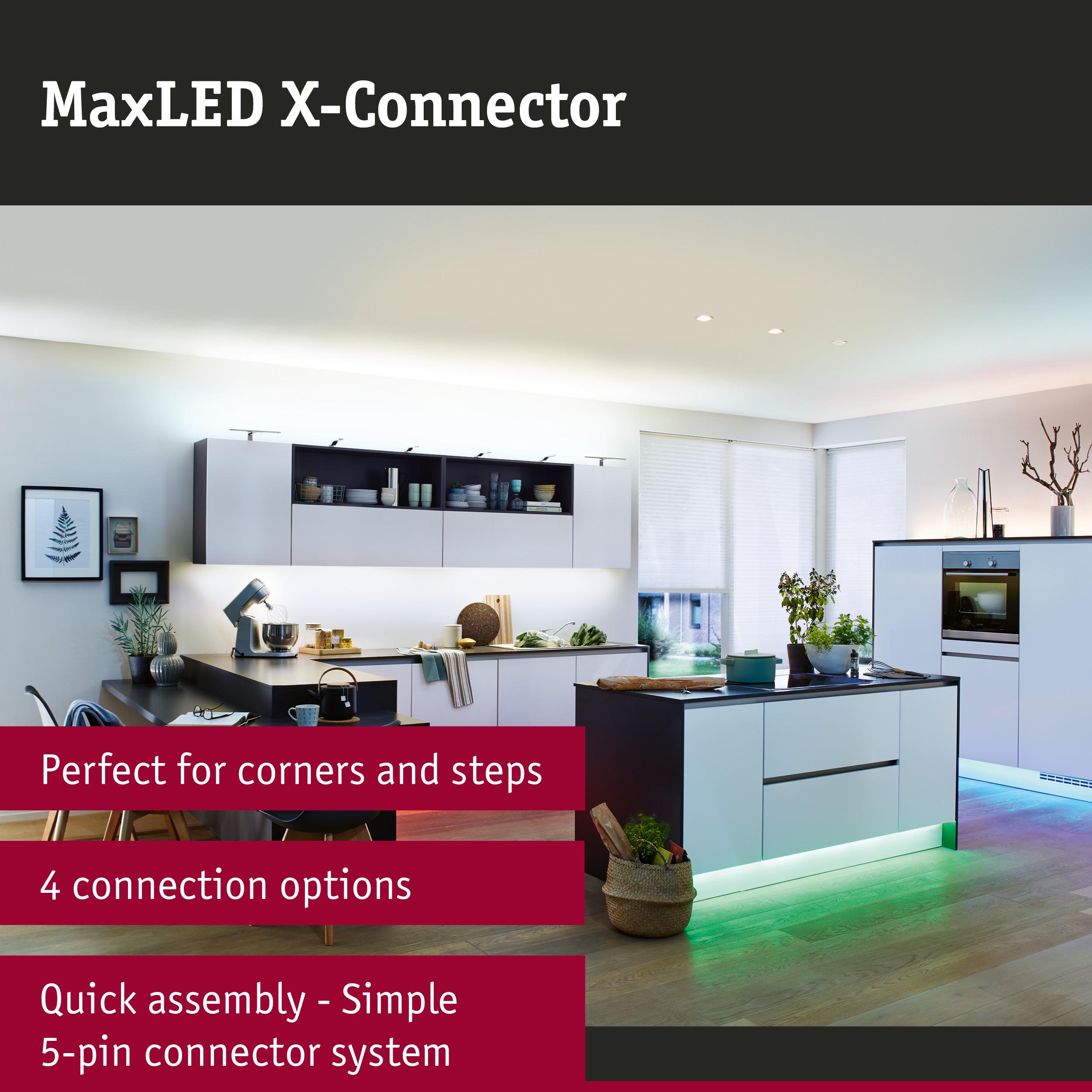 Modern white kitchen with LED lighting featuring MaxLED X-Connector for corner connections and quick assembly