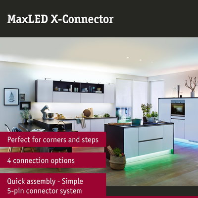 Modern white kitchen with LED lighting featuring MaxLED X-Connector for corner connections and quick assembly