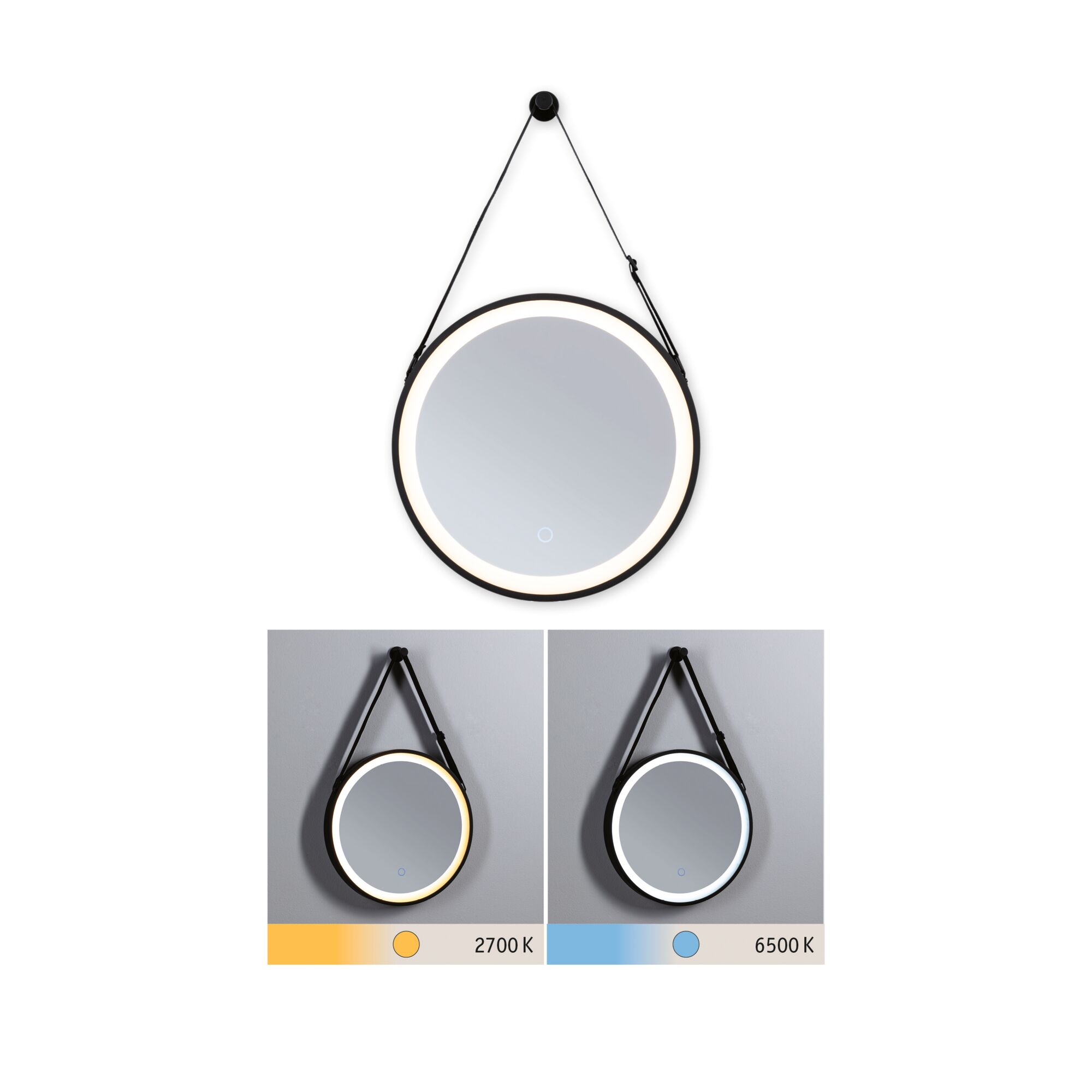 Round LED mirror with black frame and adjustable strap, light temperature adjustable from 2700K to 6500K