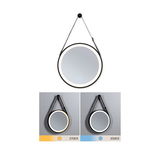 Round LED mirror with black frame and adjustable strap, light temperature adjustable from 2700K to 6500K
