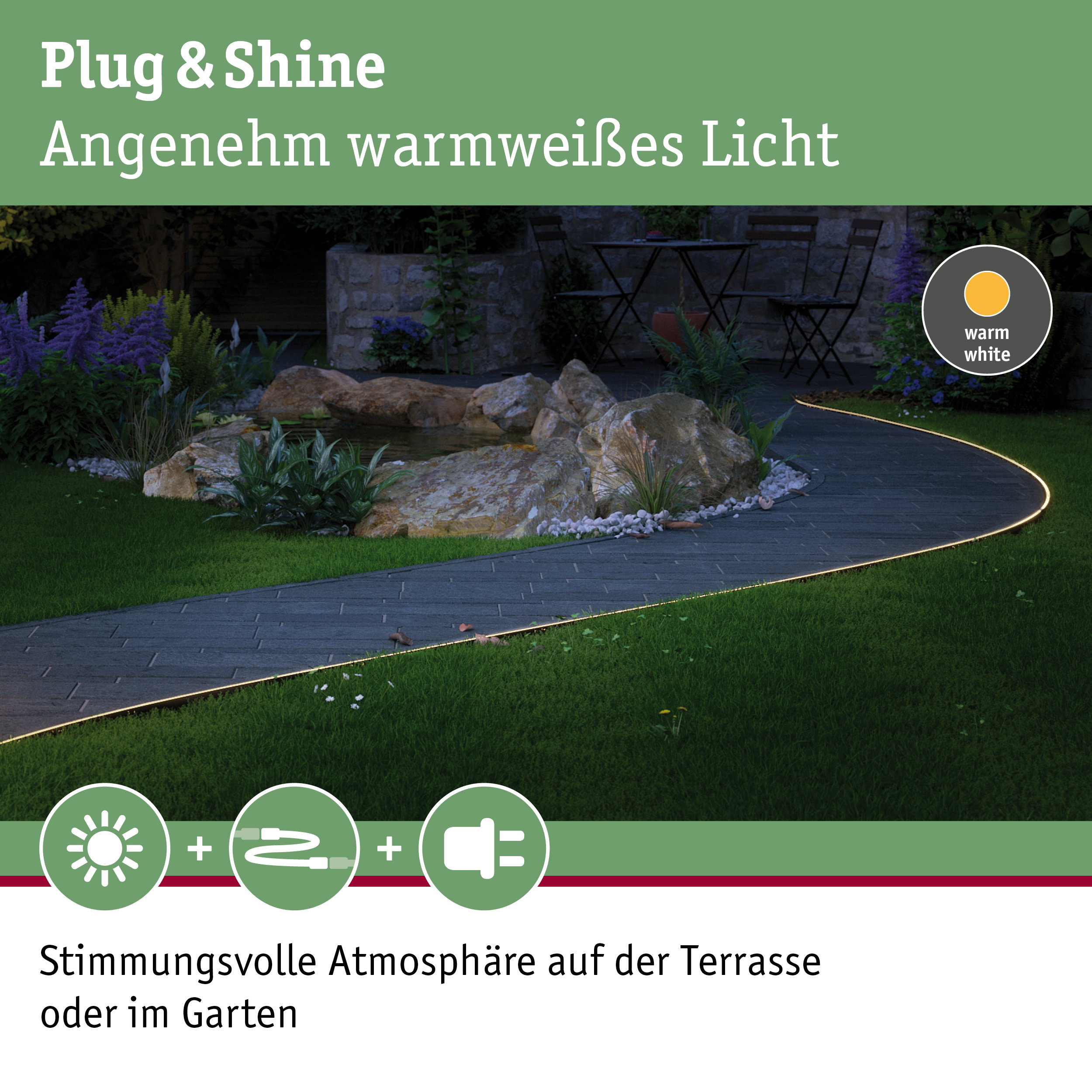 Gartenweg mit warmweißem LED-Lichtband für stimmungsvolle Außenbeleuchtung und Terrasse