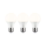 Three white LED bulbs with E27 base made of plastic and metal for energy-efficient lighting