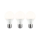 Drei weiße LED-Glühbirnen mit E27-Fassung aus Kunststoff und Metall für energiesparende Beleuchtung