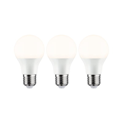 Drei weiße LED-Glühbirnen mit E27-Fassung aus Kunststoff und Metall für energiesparende Beleuchtung