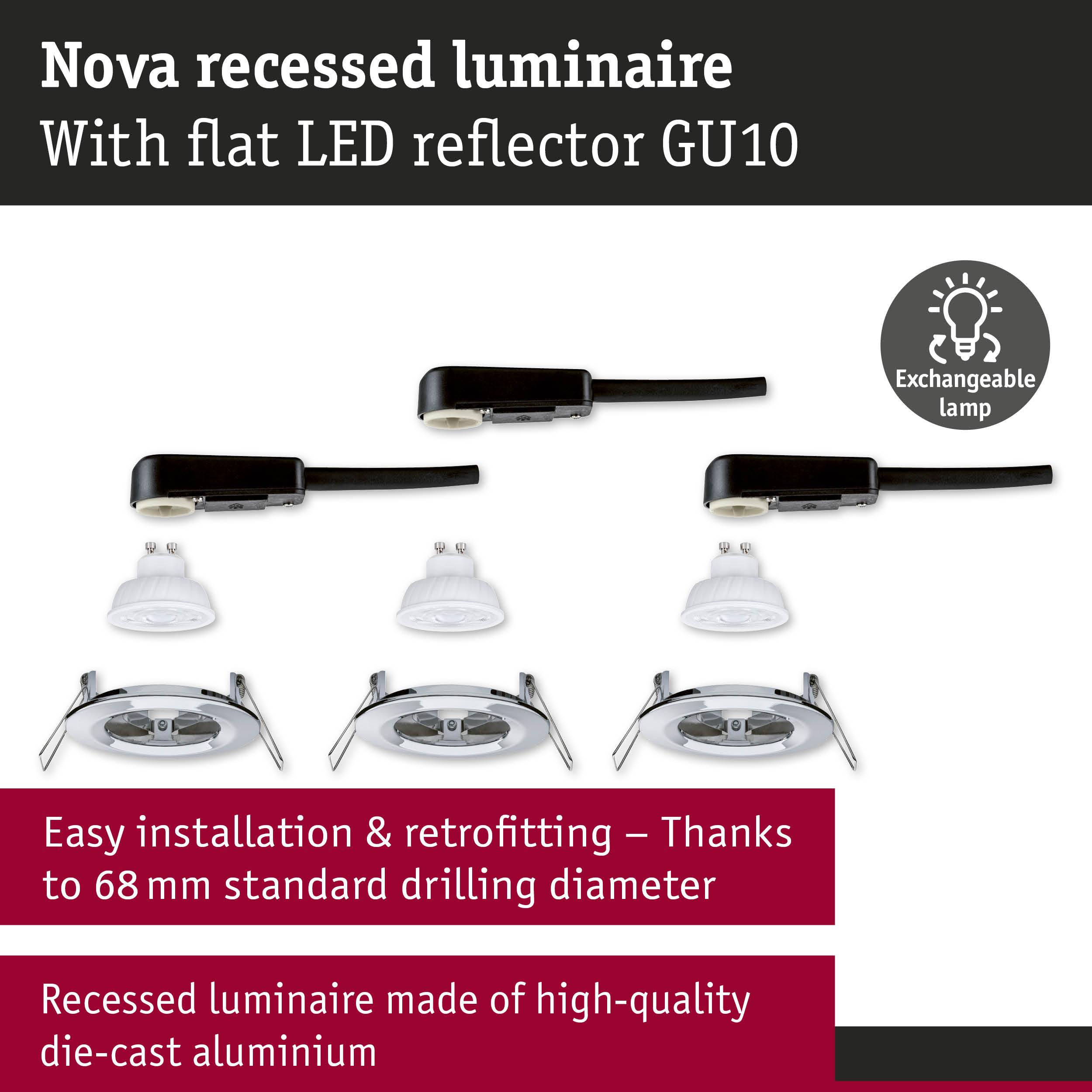 Nova recessed luminaire made of die-cast aluminium with flat LED reflector GU10 and exchangeable lamp