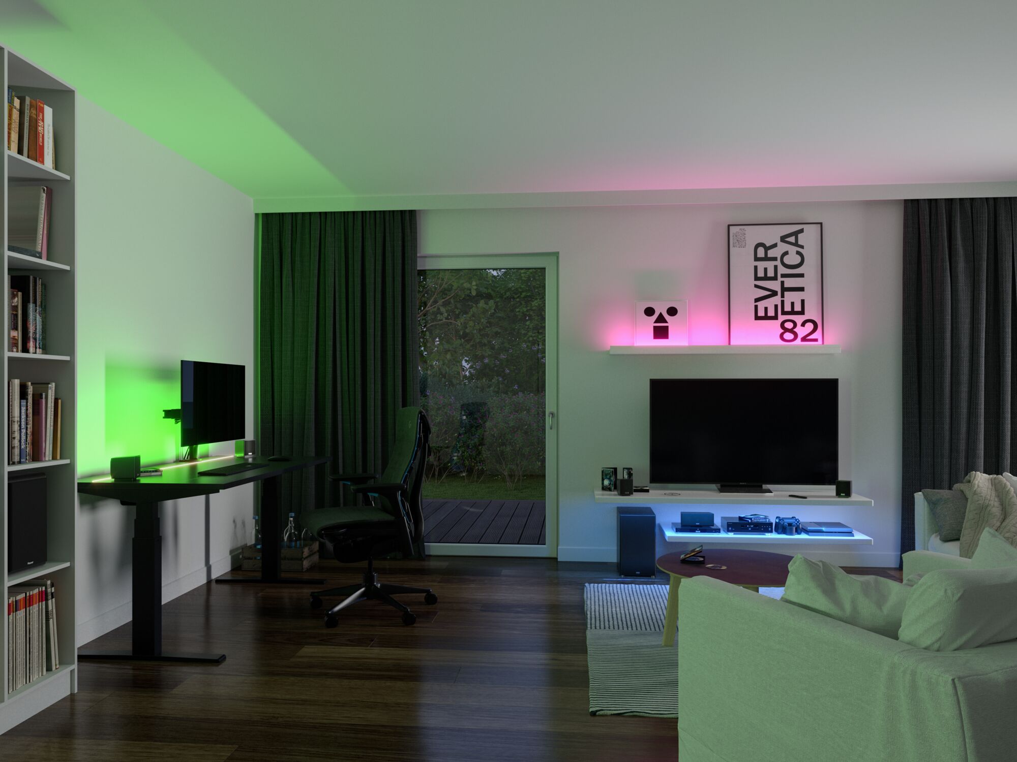 Moderne stue med grøn, pink og blå LED-stemningsbelysning, tv-opsætning og sort skrivebord.