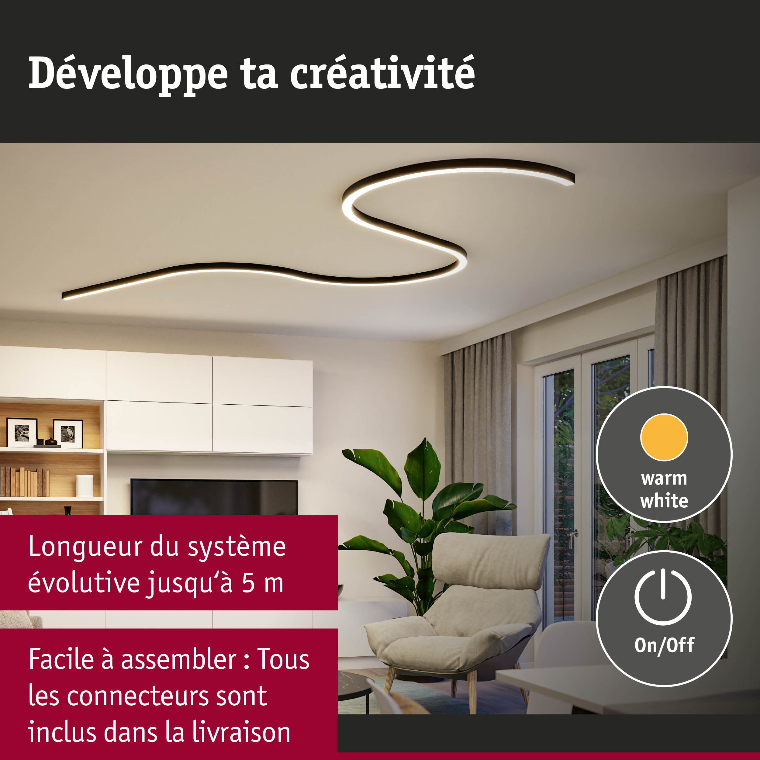 Plafonnier LED noir incurvé avec lumière blanc chaud pour un salon moderne