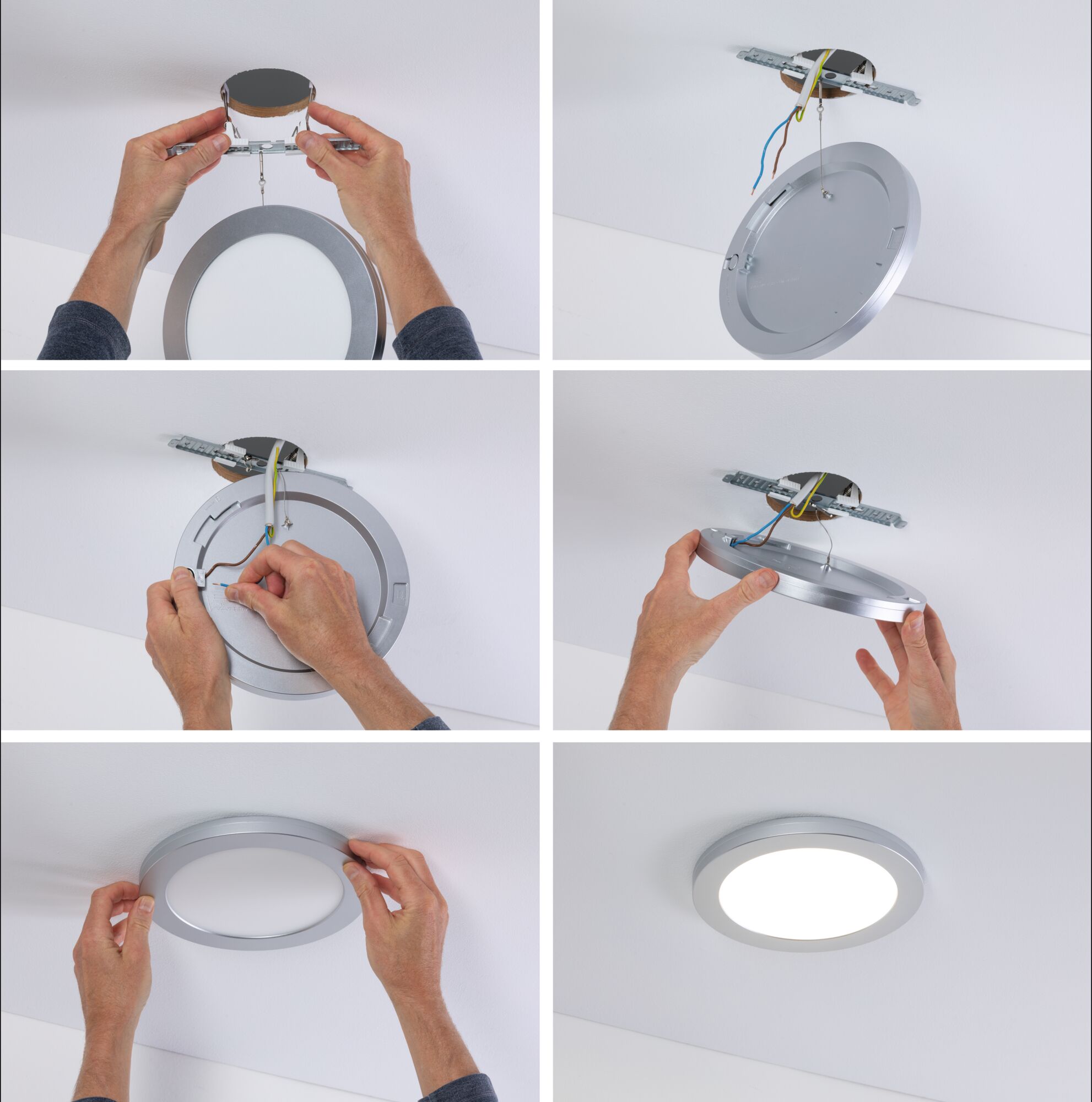 Schritt-für-Schritt Montage eines runden LED-Deckenleuchters aus silbernem Aluminium mit weißem Diffusor.