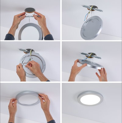 Installation étape par étape d'un plafonnier LED rond en aluminium argenté avec diffuseur blanc pour éclairage intérieur.